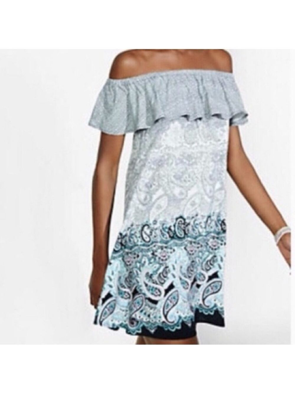 Express Tank Top Womens M Ruffled Collar Tunic Off Shoulder Paisley Sleeveless - Picture 1 of 6